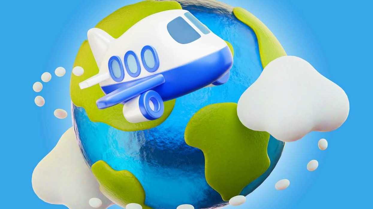 Cartoony illustration of airplane fying around the globe