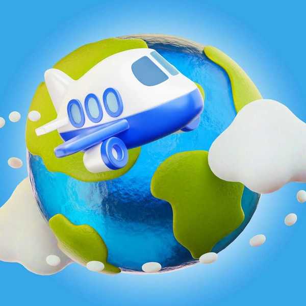 Cartoony illustration of airplane fying around the globe