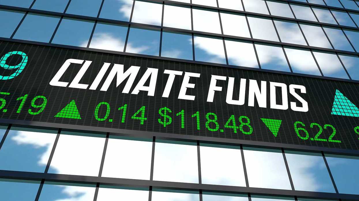 Climate funds stock ticker displayed on a building