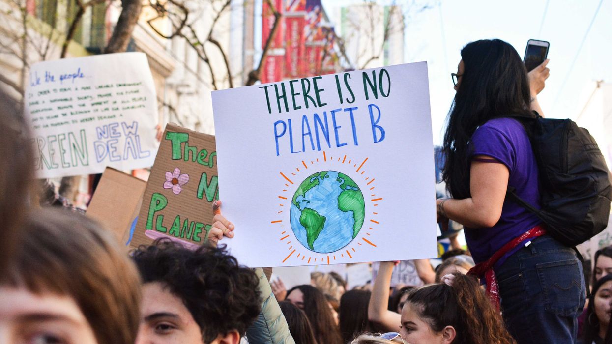 Climate protest with person holding a sign reading "there is no planet b."