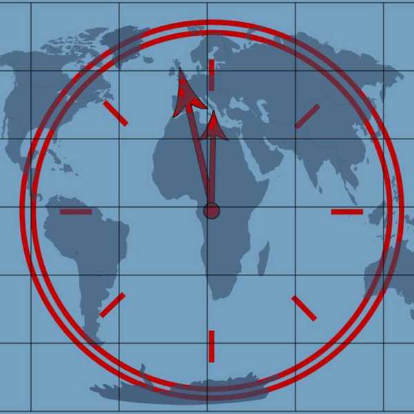Clock approaching midnight superimposed over a world map