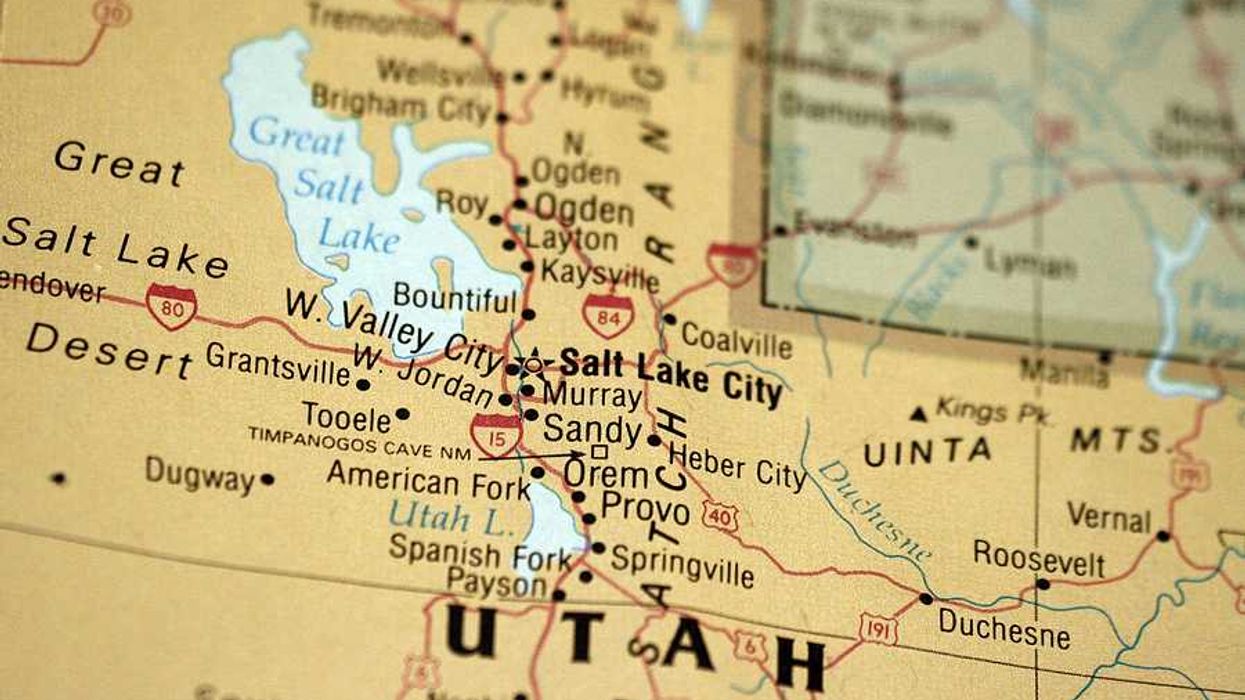 Closeup of Utah map showing Salt Lake City and the Great Salt Lake