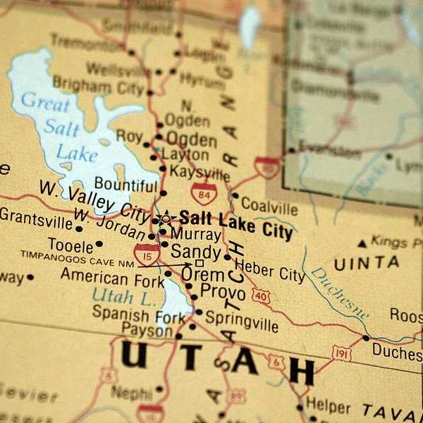 Closeup of Utah map showing Salt Lake City and the Great Salt Lake