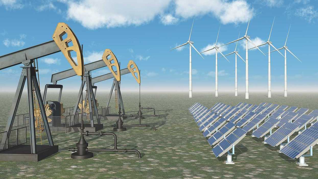 Computer generated 3D illustration with oil pumps, solar panels and wind turbines.