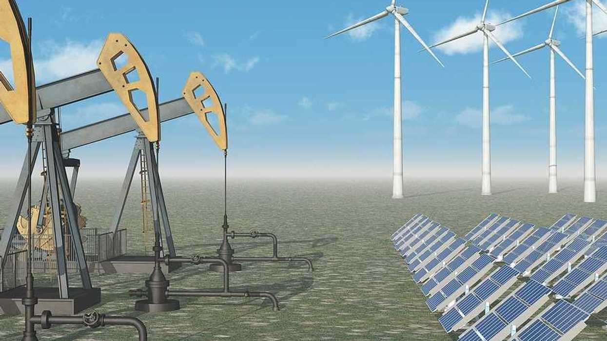 Computer generated 3D illustration with oil pumps, solar panels and wind turbines