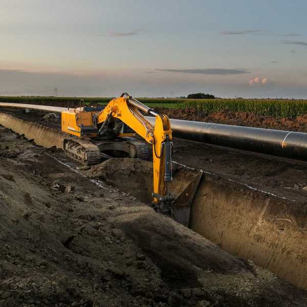 Construction equipment digs a trench along an oil pipeline in a field.