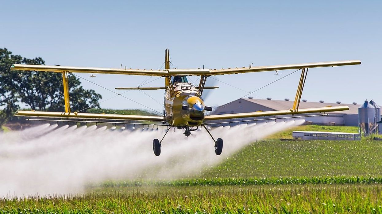 Crop duster airplane spraying agrochemicals on a corn field.