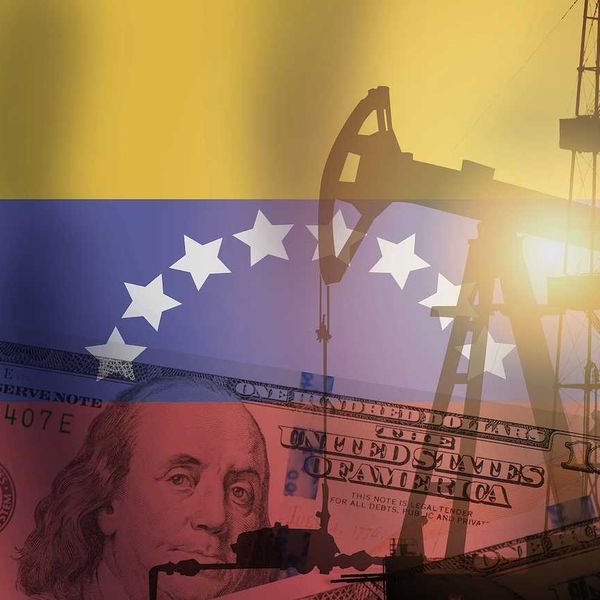 Crude oil and petroleum concept. Pump jack, US dollar notes and Venezuela flag background