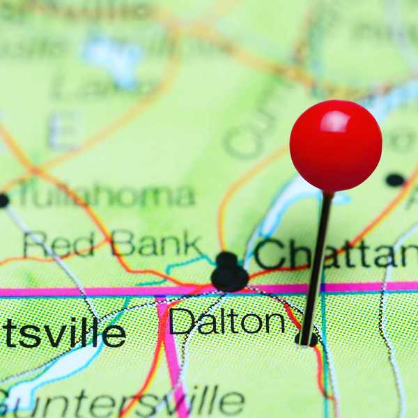 Dalton, Georgia, pinned on a map of Georgia, USA