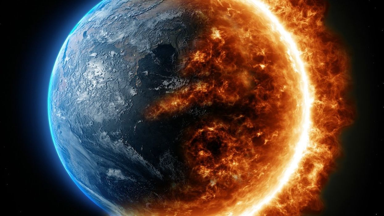 Depiction of Planet Earth half-engulfed by raging inferno.
