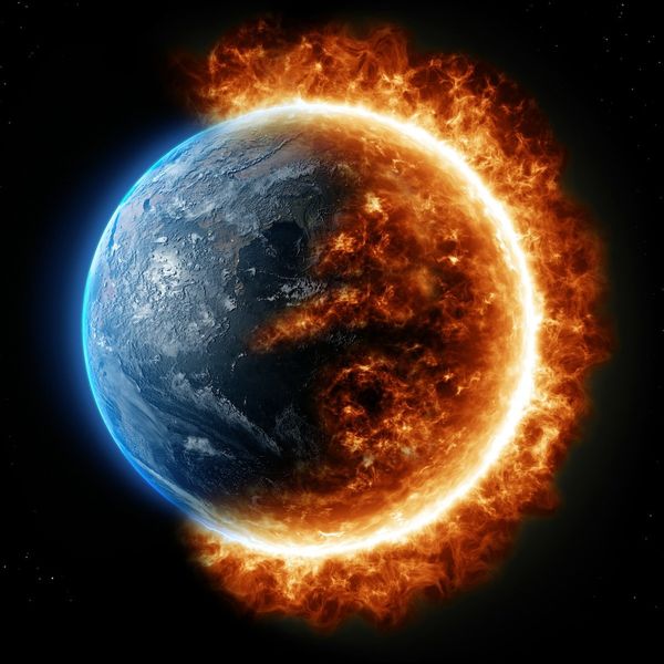 Depiction of Planet Earth half-engulfed by raging inferno.