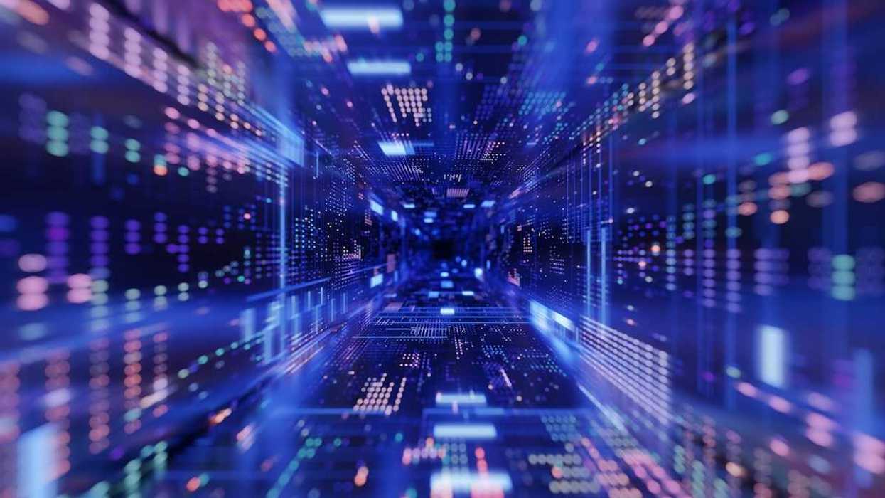 Depiction of the electronic workings of a data center with digital pathways