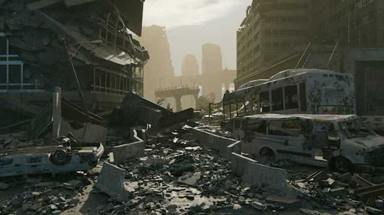 Destructive scence with vehicles overturned and buildings collapsed