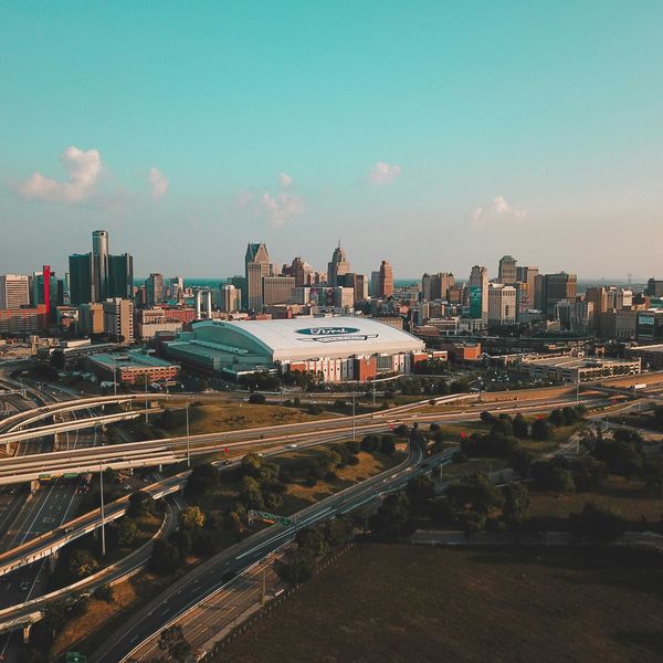 Detroit skyline with highways in foreground.