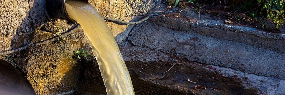 Dirty water flowing from a pipe into another water source.