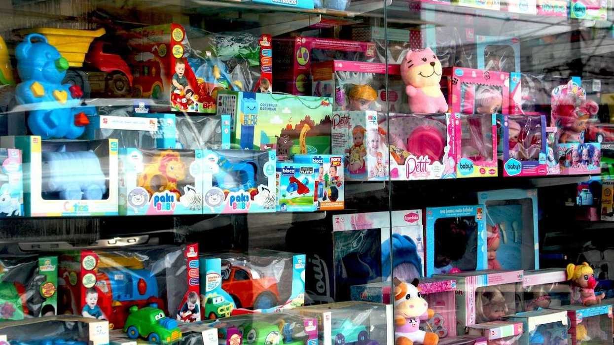 Display of children's toys - mostly plastic and packaged in plastic