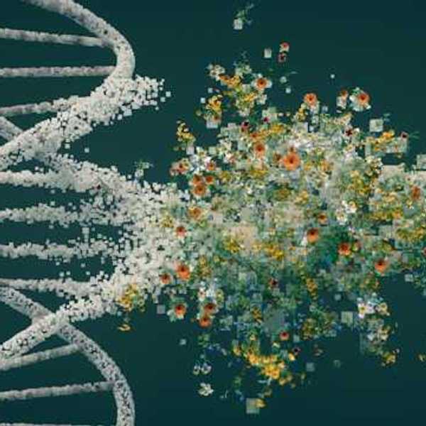 DNA strand dissolving into a colorful cluster of digital fragments.