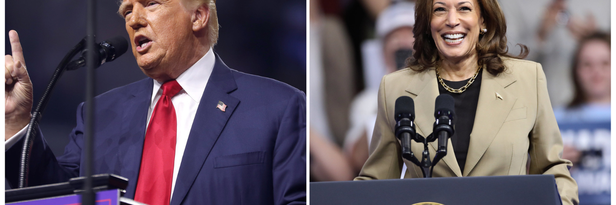 Donald Trump (left) and Kamala Harris (right) on a split screen