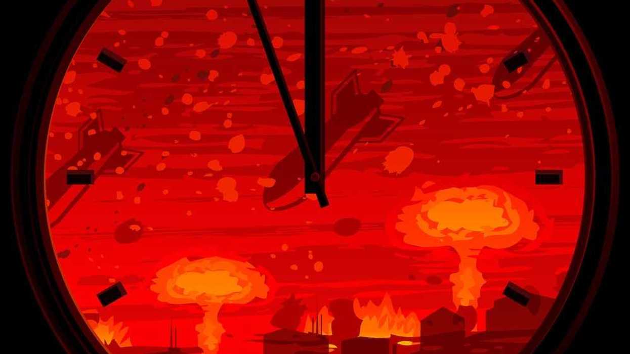 Doomsday clock showing 3 minutes to midnight against nuclear war background