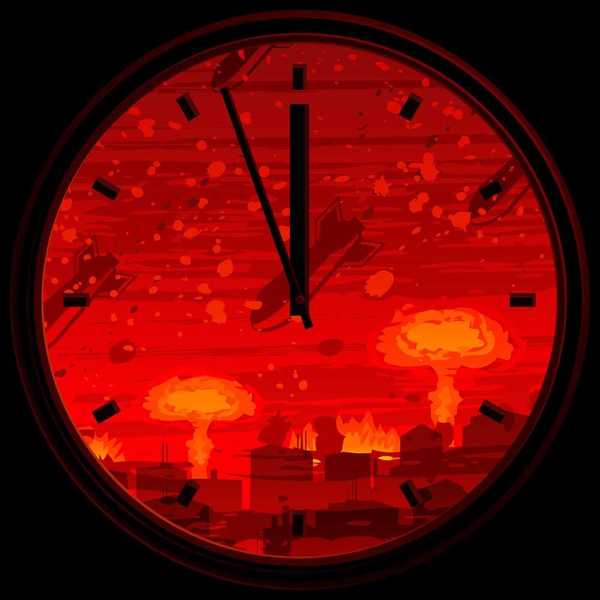 Doomsday clock showing 3 minutes to midnight against nuclear war background