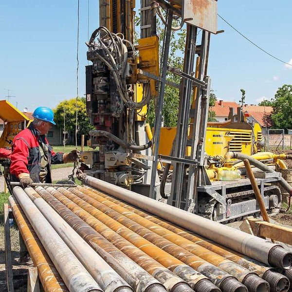 Drilling geothermal well for a residential geothermal heat pump. Workers on Drilling Rig.