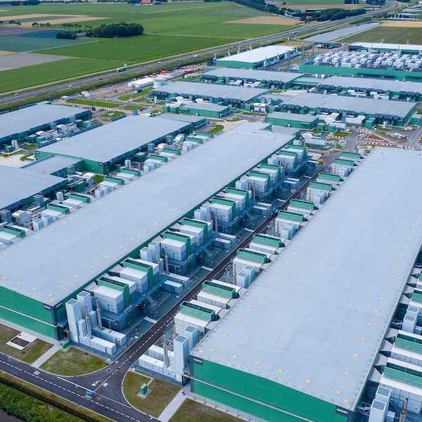 Drone aerial view of new Microsoft data centers.