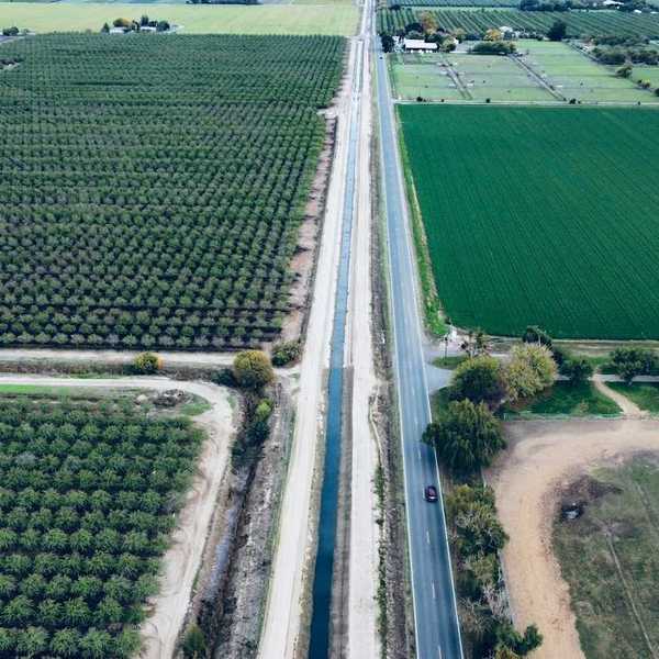 Drone shot of California agriculture — tree grove adjacent to highway and irrigation ditch