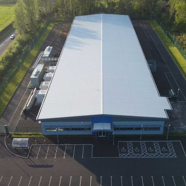 Drones-eye view of the exterior of a data center