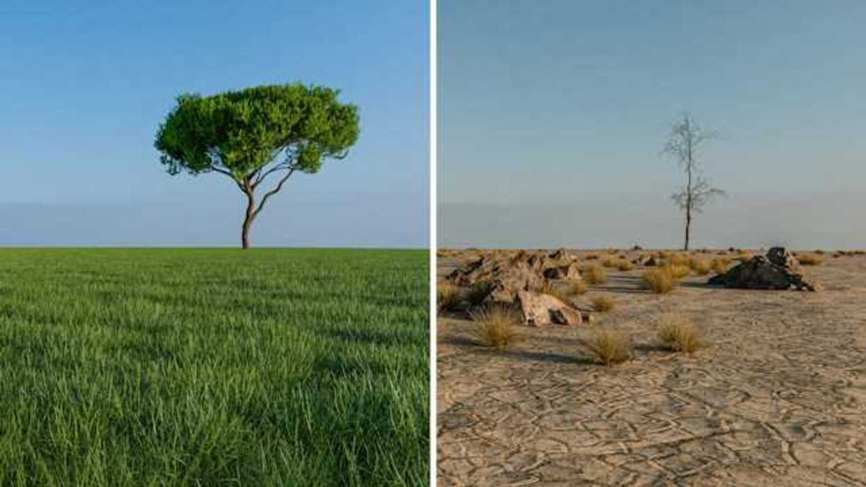 Dry arid land on the right contrasts with a lush green field and tree on the left