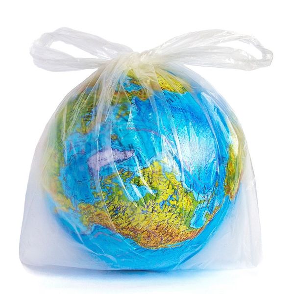 Earth depicted as a globe encased in a plastic bag.