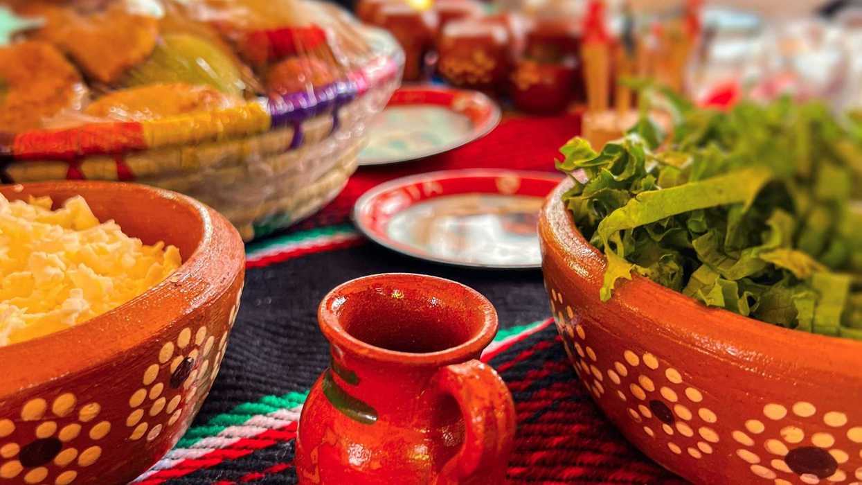 Earthenware Mexican traditional pottery food dishes on a table.