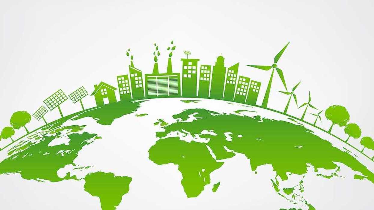 Ecology concept with green city on earth, world environment and sustainable development concept.