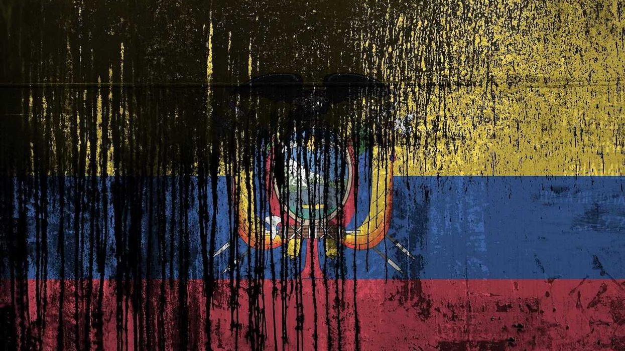 Ecuador flag depicted in paint colors on old and dirty oil barrel wall closeup. Textured banner on rough background