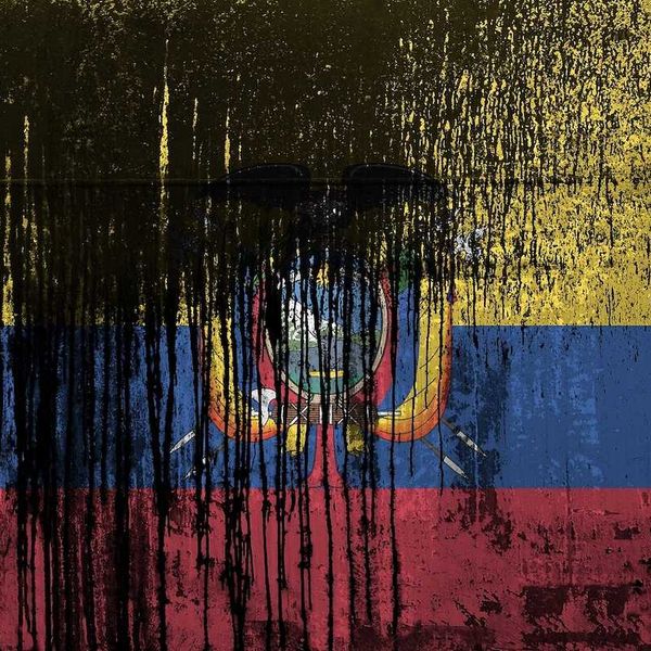 Ecuador flag depicted in paint colors on old and dirty oil barrel wall closeup. Textured banner on rough background