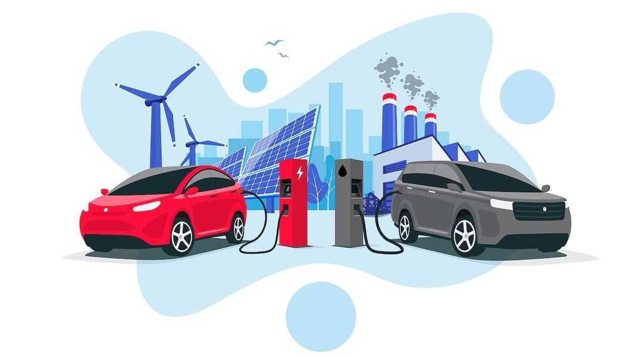 Electric car charging at charger vs. diesel vehicle refueling petrol gas station. Renewable clean solar wind energy with old dirty fossil coal power generation.