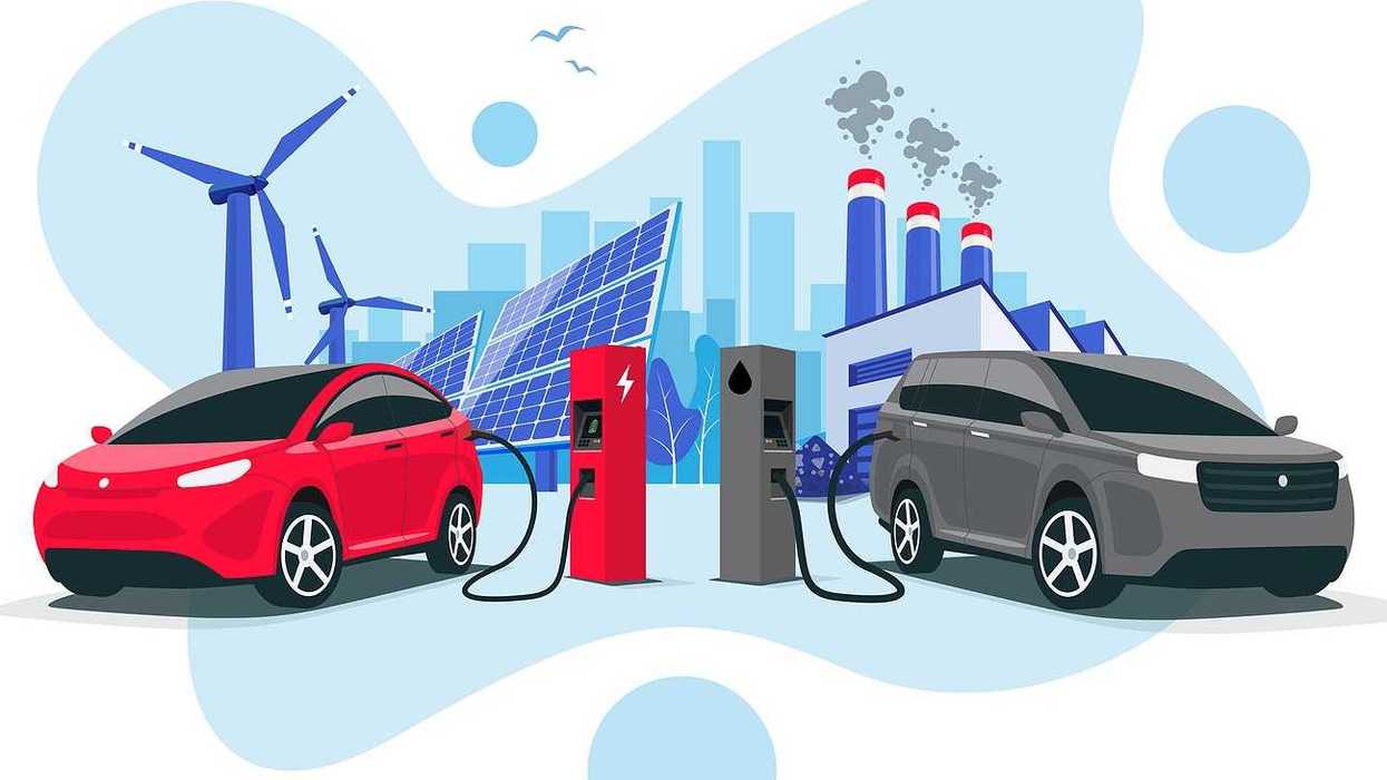 Electric car charging at charger vs. internal combustion vehicle refueling at petrol gas station. Renewable clean solar wind energy with old dirty fossil coal power generation.