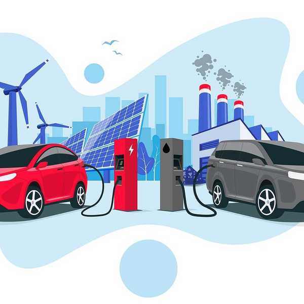 Electric car charging at charger vs. internal combustion vehicle refueling at petrol gas station. Renewable clean solar wind energy with old dirty fossil coal power generation.
