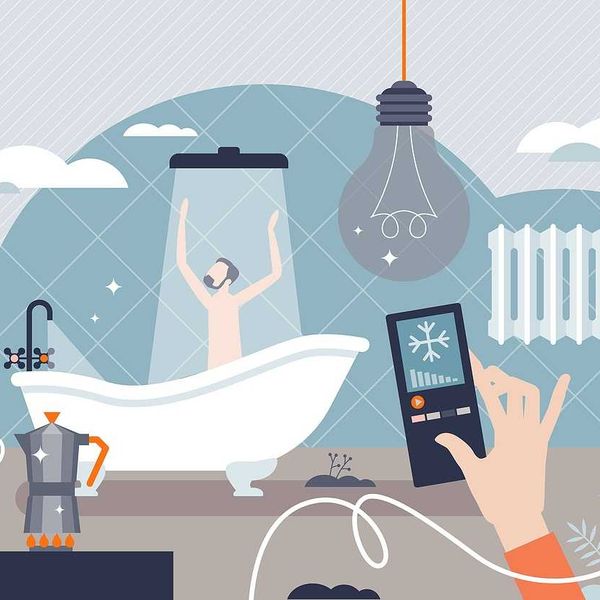 Energy consumption and water Graphic illustrating heating with electricity and natural gas usage for domestic lighting and kitchen cooking appliances.