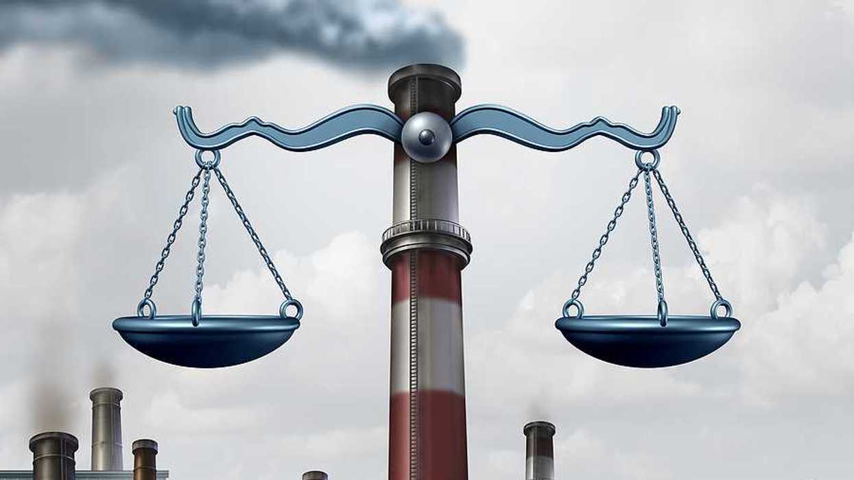 Environmental law symbol as an industrial smoke stack shaped as a justice scale as a metaphor for pollution regulations and clean air legislation.
