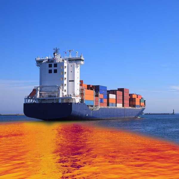 Environmental pollution caused by oil spill from the ship. Oil slick radiating outward from a container ship.