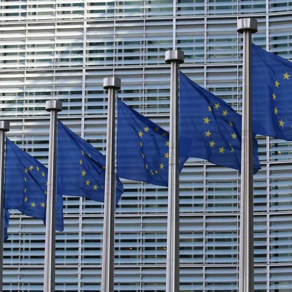 European union flags flying in a row in front of a building.
