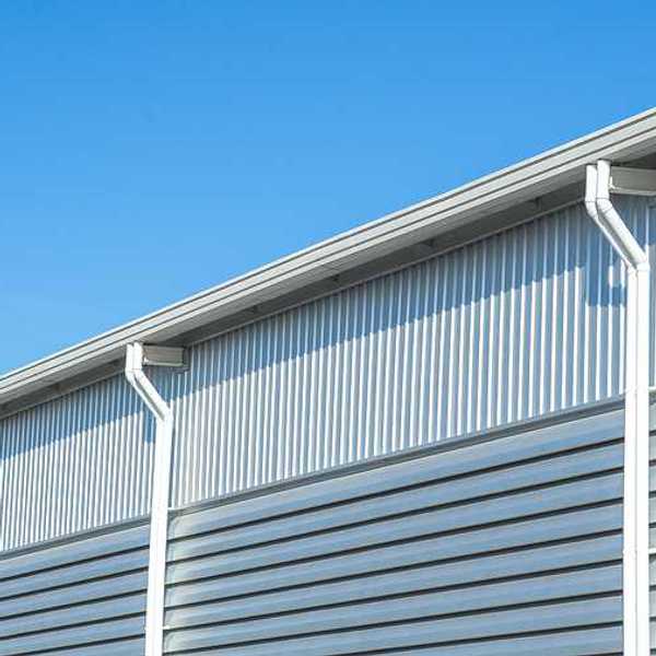Exterior closeup of a gray building