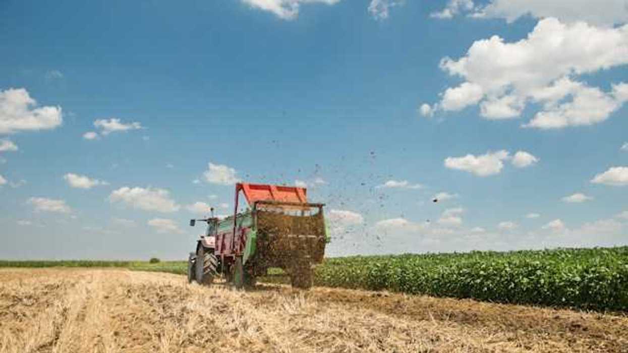 Farm manure being spread on a field