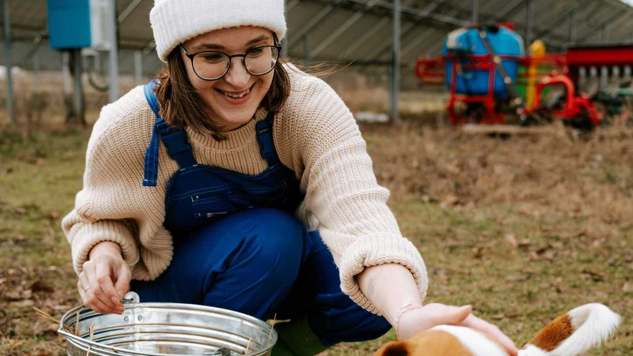 Farmer with stainless steel bucket squatting behind solar panels and petting a brown and white dog