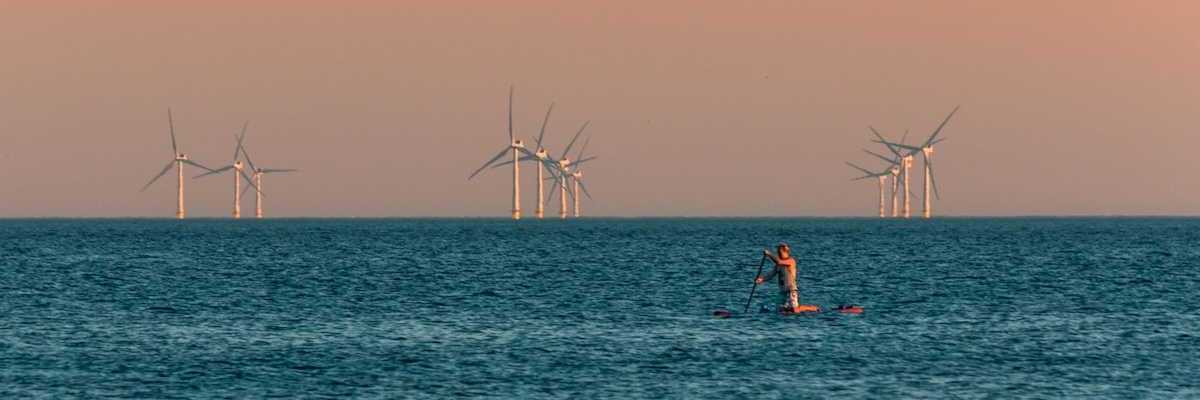 Figure kneeling on paddleboard with a dozen wind turbines in background