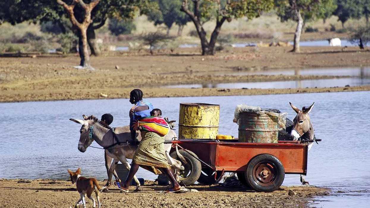 Filling and transportation of water bottles at lake for women to irrigate crops