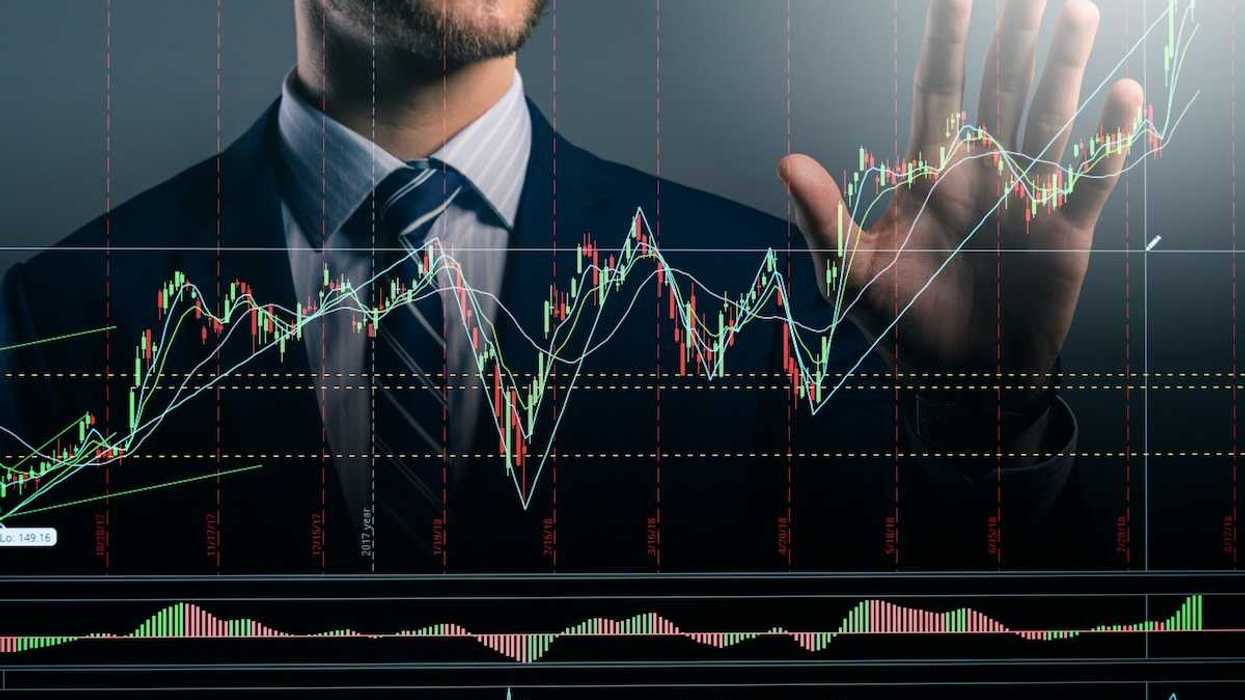 Financial graph superimposed against a "Wall Street Bro"