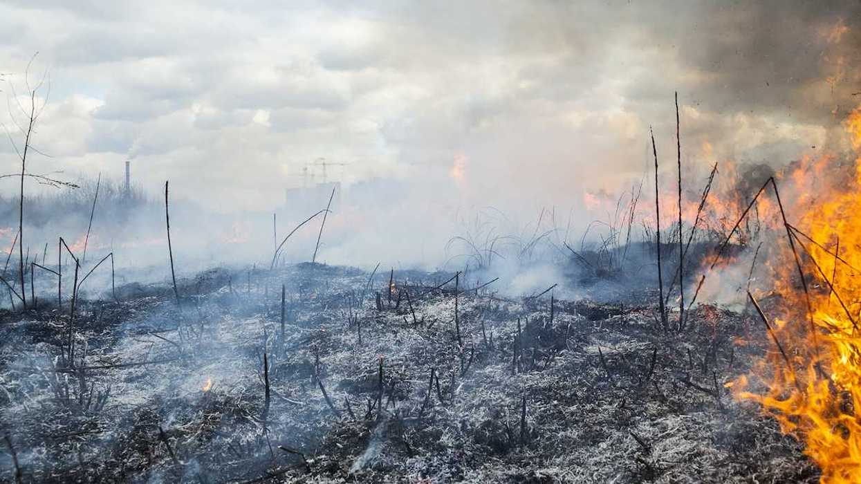 Fire burning in a field outside of a nearby city