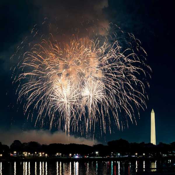 Fireworks burst over Washington, DC juxtaposed with Washington Monument