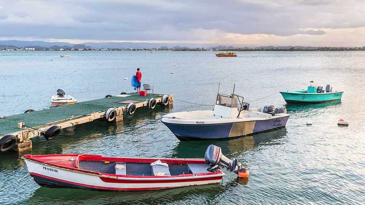 Fishing boats in the water at a dock in a tropical location